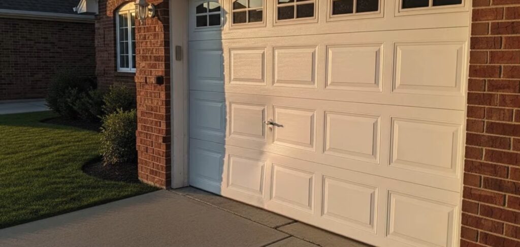White raised-panel garage door with window inserts between red brick columns